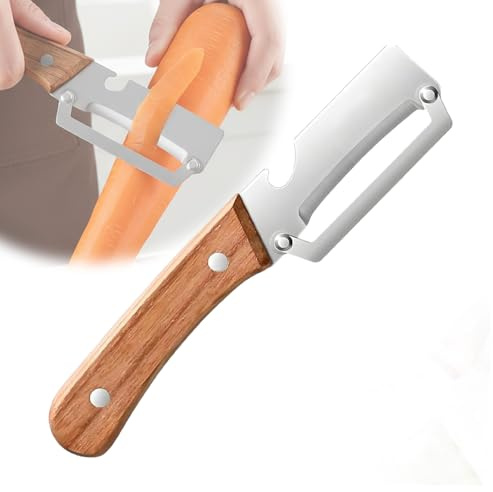 Sakerplus Multifunctional Vegetable Peeler, 2-in-1 Potato Peeler with Wooden Handle, 420 Stainless Steel Swivel Blade and Built-In Bottle Opener for Apples, Carrots and More (1)