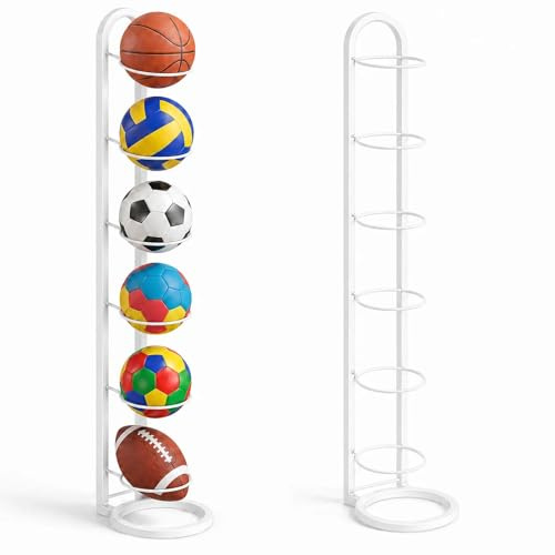 TFSZE 6 Niveles Estante de Almacenamiento de Pelotas, Soporte Pelota Baloncesto Vertical, ExtraíbleSoporte para Balón de Fútbol Soporte de Pelota de Metal para Baloncesto Fútbol Rugby Voleibol-Blanco