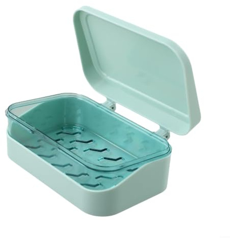 Tvålskål i plast med lock, avtagbar design för enkel rengöring och dränering, snyggt tvålhållare fodral för badrum dusch kök, blå färg (blå)