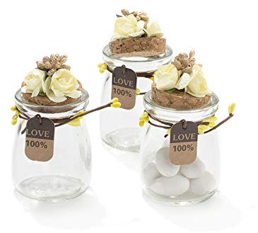 C.X.Y. Lot de 20 bocaux en verre avec bouchon en liège, décor fleuri fait main, étiquette LOVE, bonbonnières pour mariage, baptême, fête – thème nature (jaune)