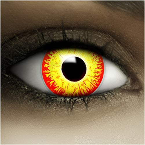FXCONTACTS Jahreslinsen Gelb HORROR CLOWN + Tattoos + Kontaktlinsenbehälter, 2 Stück (1 Paar) farbige Kontaktlinsen ohne Stärke, weich, ideal für Halloween, Cosplay, Karneval & Fasching