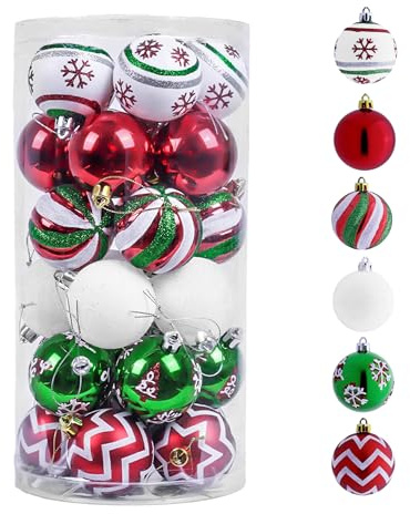 Valery Madelyn Christmas Ornaments Tree Decorations, 30ct Red Green White Shatterproof Christmas Ball Ornaments Set, 2.36 Inch Decorative Hanging Ornament Bulk for Xmas Holiday Party Decor