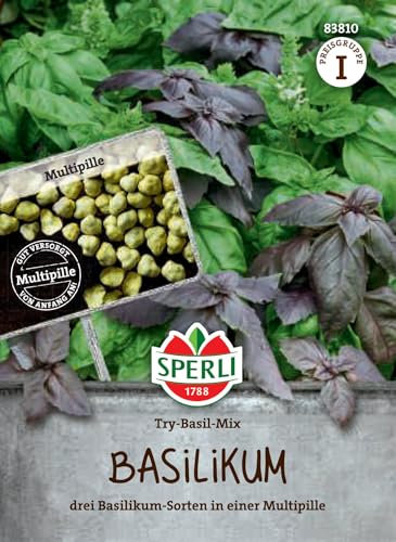 Sperli Basilikumsamen Try-Basil-Mix 83810 - drei Basilikum Sorten - ganzjährig - Genoveser- Typ - Serrata- Typ - Multipille, Kräutersamen, Basilikum Pflanze