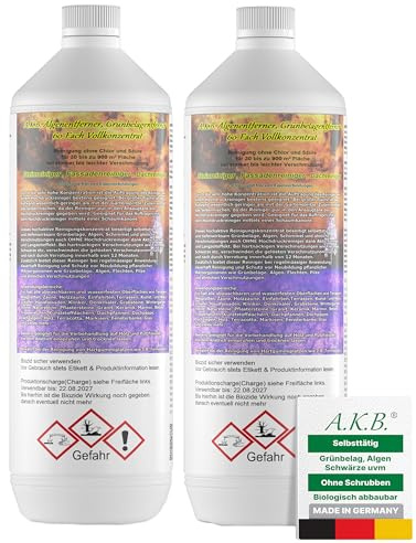 A.K.B. Grünbelagentferner & Algenentferner Hochkonzentrat 2 Liter [60-fach verdünnbar] – Steinreiniger Außen, Terrassenreiniger, Fassadenreiniger & Dachreiniger - Chlorfrei