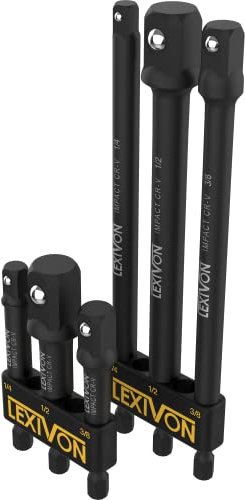 LEXIVON Stecknuss Adapter bit set (6 teiliges 7.5+15cm lang) 6.35 | 9.5 | 12.7mm für Drehmomentschlüssel, bohrer set, steckschlüssel bithalter, ratsche