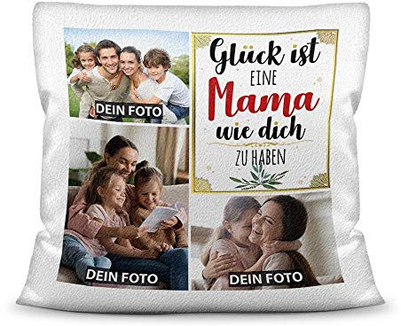 Print Royal Kissen mit Füllung - Fotocollage selbst gestalten mit Spruch für Mama - GLÜCK - mit DREI eigenen Fotos - Geschenkidee Fotokissen - Kissen Polyester - Weiß flauschig