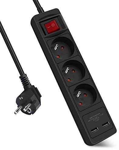 Extrastar Multiprise 3 Prises et 2 Ports USB Chargeur,Bloc Multiprises avec Interrupteur, Rallonge 1.5m 230 V avec sécurité Enfant pour Maison, Bureau, Noir