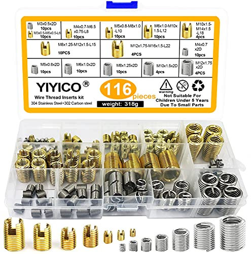 YIYICO Inserti Filettati Autofilettanti Inserto Autofilettante Kit 116pz Set Combinato per Riparazione Filetti Inserto Filettato M3 M4 M5 M6 M8 M10 M12 Riparazione Elicoidale