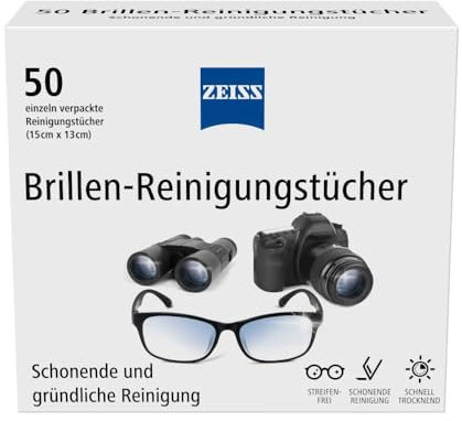 ZEISS Brillen-Reinigungstücher mit Alkohol 50 Stück zur schonenden & gründlichen Reinigung Ihrer Brillengläser - jedes Tuch einzeln verpackt - ideal für unterwegs oder auf Reisen