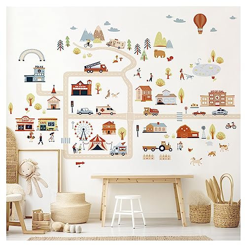 DEKO KINDERZIMMER Wandtattoo Fahrzeuge Straßen Autos Wandsticker für Kinderzimmer Transporte Babyzimmer Wanddeko Wohnzimmer Wandaufkleber DK1001-3