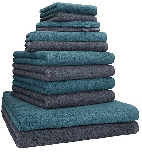 Betz Berlin Handtuch-Set 12-teilig – 100% Baumwolle – Oeko-TEX® Zertifiziert – 360g / m² Grammatur – Duschtücher, Handtücher, Gästetücher & Waschhandschuhe Farbe dunkelgrau - taubenblau