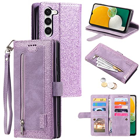 EYZUTAK Handyhülle für Samsung Galaxy S23,Flip Case Lederhülle Reißverschluss Magnetverschluss Brieftasche mit 9 Kartenfächern Standfuntion Retro Matt Ledertasche-Glitzer Lila