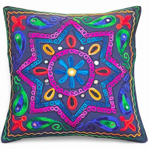 Original Kikan Funda de cojín boho Indian Star Suzani 40 x 40 cm, bordado multicolor Suzani, 40,6 x 40,6 cm, fundas de cojín étnico veganas ecológicas (azul marino)