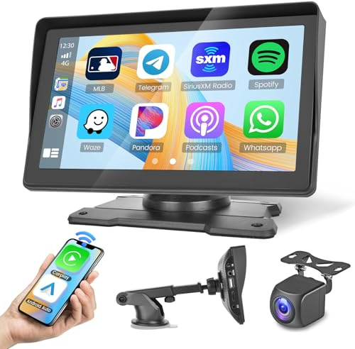 Wireless Portable Car Stereo for Apple Carplay & Android Auto with 1080P Rear Camera, 7 HD Touch Screen Car Play Screen with Bluetooth 5.1 USB Port Mirror Link Si-ri Voice Control GPS Navigation