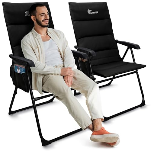 SUNMER Padded High Back Camping Recliner Chair Set of 2-5 Position Reclining Folding Garden Chair - Lightweight & Heavy Duty - Luxury Camping Chairs for Adults, Fishing & Deck - Black