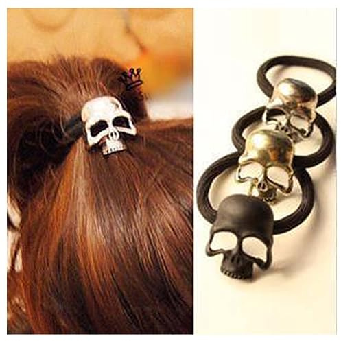 Aneneiceera Gothic-Totenkopf-Haargummi, Wikinger-Totenkopf-Haarband, Seil, schwarzer Pferdeschwanzhalter Seil Haargummis, Haargummis, Punk-Pferdeschwanzhalter, Schmuck für Frauen und Mädchen (Silber)