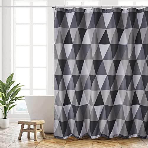 HANFU Duschdraperi, duschdraperier polyester 180 x 180 cm tvättbar, duschdraperi med öljetter och 12 duschringar, viktad fåll, badkarsgardin snabbtorkande för badrum, triangelmönster