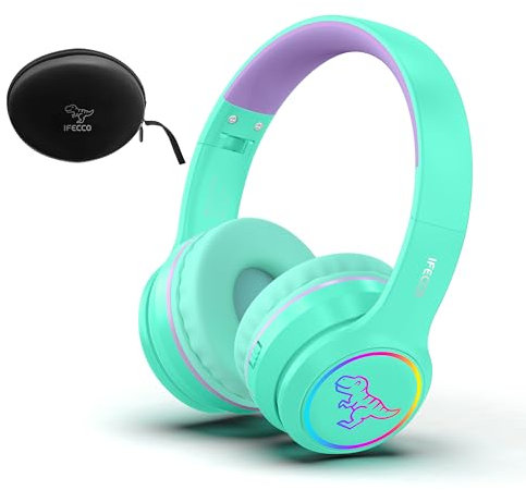 IFECCO Cuffie Bluetooth Bambini con Microfono,Luci LED Dinosauro Ragazzi Wireless Auricolari con Borsa,Bambina Cuffie per iPad/Tablet/Smartphone/Scuola