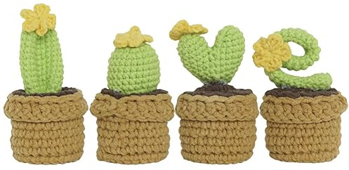 YANGSHINE 4 Piezas Mini Plantas Suculentas Artificiales en Maceta Flores de Ganchillo Hechas a Mano Flor de Cactus de Punto Completada para Decoración del Hogar, Oficina, Salpicadero de Coche, Color