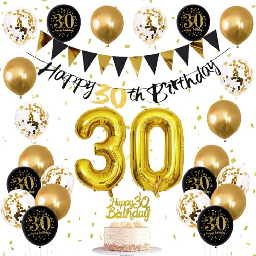 Jobkoo 30th Birthday Decorations Men, Gold Black 30th Party Decoration 30th Black Gold Balloons 30 Banner Cake Topper for Women Thirty Birthday Decorations