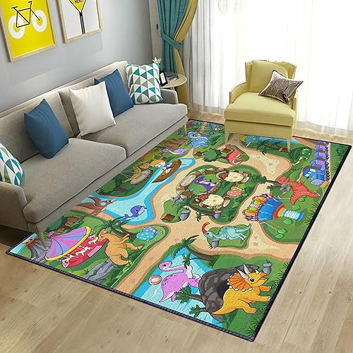 Niedlicher Dinosaurier-Zoo-Teppich für Kinderzimmer, Jungen, Mädchen, Schlafzimmer, Dinosaurier-Land, Kleinkind, Baby, Krabbelteppich, Spielteppich für Wohnzimmer, Kinderzimmer, rutschfest
