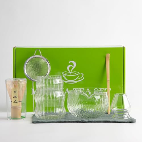 Ensemble de 7 bols à matcha japonais avec fouet à matcha en verre transparent avec bol à matcha, tasse à matcha, fouet à matcha et support, tamis, cadeaux pour les amateurs de thé