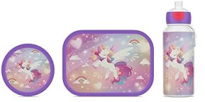 Mepal - Pausenset Campus - Set für Kinder mit Pop-up Trinkflasche, Lunch Box & Obstbox - Lunch-Set für die Schule oder unterwegs - Spülmaschinenfest - 400 + 750 + 300 ml - Unicorn Glow