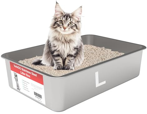 VehiGo Stor kattlåda i metall, rostfritt stål hållbar sandpanna för stor katt, kattlåda med slät yta och lätt att rengöra, L (50 x 35 x 15 cm)