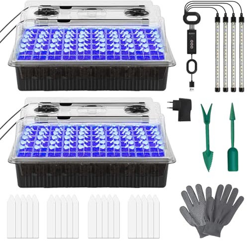 DAZZTIME Vassoio Germinazione,2 Pezzi 120 Celle Vassoi per Semi,Mini Serra Germinazione,Vassoio per Piantine,Semenzaio Germinazione,con Luce di Coltivazione,per Giardini