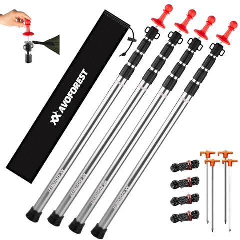 Tarp Poles Heavy Duty Adjustable, AVOFOREST Aviation Aluminum 8.7FT Telescoping Tent Poles with Protection Cap Wind-Resistant Awning Collapsible Poles Set of 4 for Tarps - Canopy - Awning - Hiking