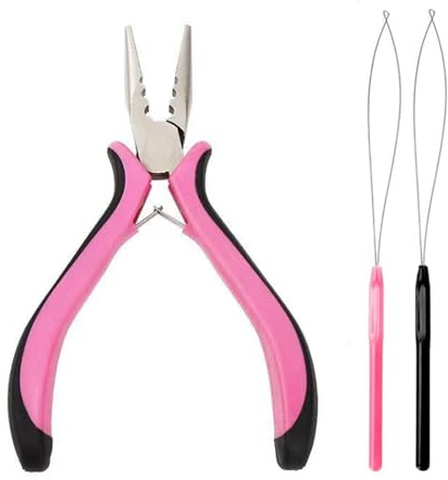 3Pcs Hair Extension Pliers for Professional Use, Mini Pliers Precision Tool for Installing and Removing Hair Extensions, Includes 1 Plier&2 Loop threaders Easy Hair Extension and Removal Tool