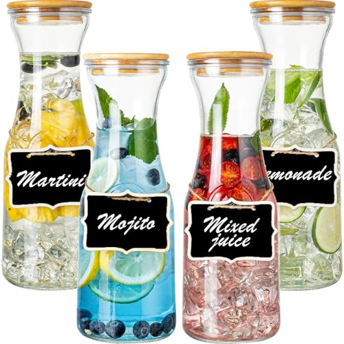 Glass Carafe Pitchers with Bamboo Lids, 4 pcs 1 Liter Beverage Serveware Pitcher Carafe Set for Mimosa Bar, Juice Container for Brunch, Cold Water, Juice -With 4 Wooden Chalkboard Tags