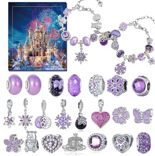 Lubibi Calendario de Adviento 2025 de Pulseras y Joyas para Niñas, Calendario de Cuenta Atrás de 24 Días con 22 Dijes & 2 Pulseras Ajustables, Regalo Artesanal con Tema Morado, Adecuado para Niñas