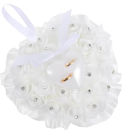 Smilbaley Cuscino Anello Cuscino a Forma di Cuore, Anello Cuscino Matrimonio, Porta anello Bianco a Forma di cuore, Porta Fedi Matrimonio, Romantico a forma di Cuore Anello di Nozze Titolare