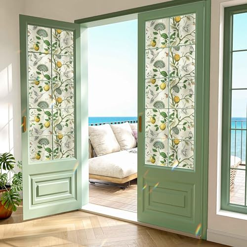 Decotalk Fensterfolie Bunt Sichtschutz Blume Vogel Blickdicht von Aussen 30X500cm Fensterfolie Blumen Gelb Zitrone Selbstklebend Anti-UV Sonnenschutzfolie Sichtschutzfolie Türfolie fur Büro Küche Bad