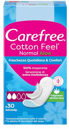Carefree Salvaslip Cotton Feel Normal Fragranza all'Aloe Vera 30 Pezzi, Salva slip donna traspiranti, Proteggi slip che si adattano al corpo, Extra morbidezza, Delicati sulla pelle