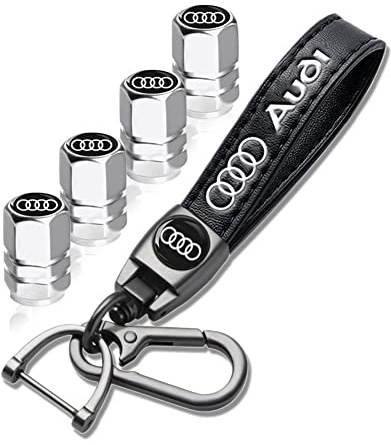 Leder Auto Schlüsselanhänger für Audi A1 A3 RS3 A4 A5 A6 A7 RS7 A8 Q3 Q5 Q7 R8, 4 Metall Reifen Ventilkappen Auto Ventil kappen