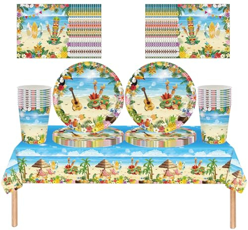 61 piezas Juego de vajilla para fiestas infantiles de estilo hawaiano, con motivos marinos, que incluye platos de cartón, servilletas, vasos de cartón y mantel, para una fiesta en la playa