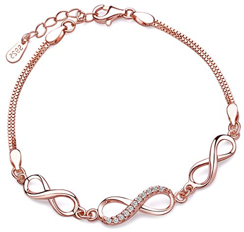 Yumilok Roségold 3 Infinity Unendlichkeit Symbole 925 Sterling Silber Zirkonia Charm-Armband Armkette Armschmuck für Damen Mädchen, 6.3-7.5 Verstellbar