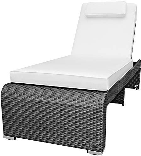 RS Trade Sonnenliege Monza Silber - Outdoor Liege mit beständigem Poly-Rattan-Geflecht - verstellbare Rückenlehne & breite Liegefläche - inkl. Kopfteil und Auflage