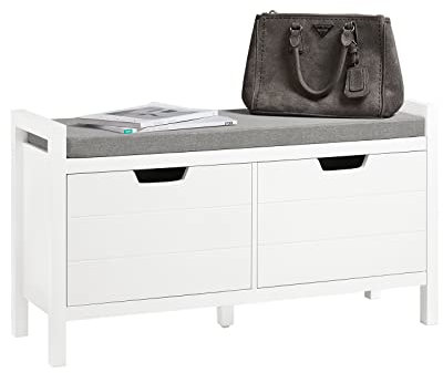 SoBuy Schuhbank mit Sitzfläche und Stauraum – Schuhregal Flur Sitzbank mit Truhe – Gepolsterte Sitzfläche & große Klappe – Für Eingangsbereich & Wohnzimmer – Weiß MDF 91x30x50cm FSR63-II-W