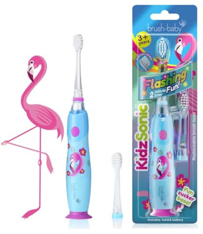 Brush Baby KidzSonic Cepillo de dientes eléctrico para niños pequeños y niños a partir de 3 años - Flamingo