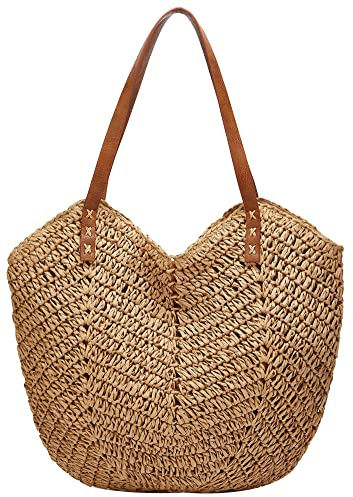 Summer Casual Straw Tote Bag Large Capacity Woven Shoulder Handbag for Summer Beach Vocation (A-Khaki)