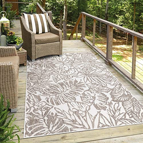 carpet city Tapis de Sol Extérieur Résistant aux Intempéries pour Balcon, Terrasse – Beige 150 x 150 cm – Carré – Décoration Extérieure Imperméable – Décoration de Balcon Florale