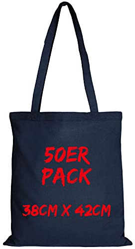 TEXXILLA Baumwolltasche - 50er Pack | Dunkelblau | mit Zwei Langen Henkeln | 38x42cm | Jutebeutel | Einkaufstasche | unbedruckt