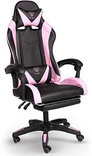 TRISENS Gaming-Stuhl mit Fußstützen - Bürostuhl ergonomisch stufenlos einstellbar - Gamer Chefsessel, Computer Office Chair, Schreibtischstuhl, Büro Stuhl, Farbe:Schwarz/Rosa