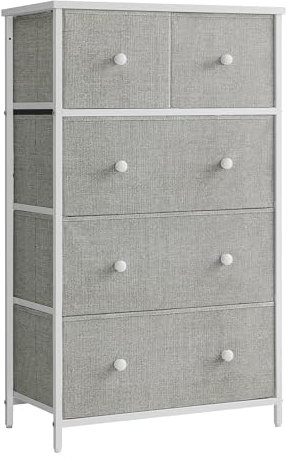 SONGMICS Kommode, Aufbewahrungsschrank, 5 Stoffschubladen, für Flur, Wohnzimmer, hellgrau-weiß LTS514L10