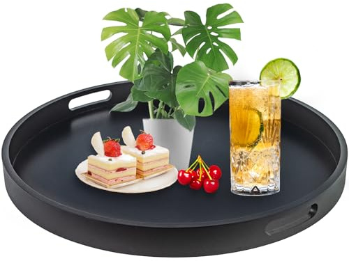 Großes rundes schwarzes Tablett, 50,8 cm Serviertabletts aus Holz, dekorative Tabletts mit Griffen, extra großes schwarzes Ottoman-Tablett für Couchtisch und Küche zu Hause