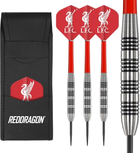 FOCO officiellt licensierade Liverpool FC-flygningar med 80 % volfram 24 g Red Dragon Dart-set – inklusive dartskaft och dartbarplånbok – professionella darttillbehör