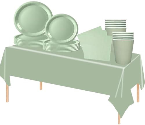 69 Pezzi Set Stoviglie per Feste Verde Salvia,Piatti Tazze Asciugamani di Carta Tovaglia Plastica Stoviglie Monouso Biodegradabili,Decorazione Desktop per Feste di Compleanno,Picnic,Baby Shower